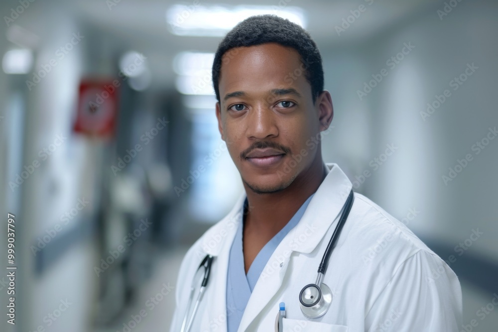 Portrait of a young African American male doctor in hospital Portrait of a young African American male doctor in hospital