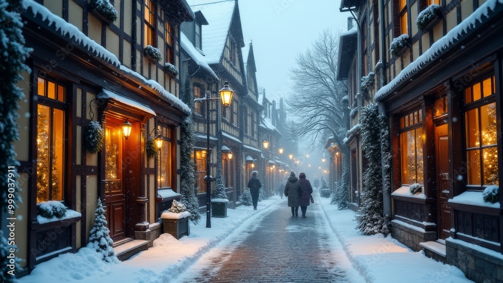Obraz premium Generative AI, a couple of people walking down a snow covered street next to buildings with lights on them and a clock on the side of the building, magical atmosphere, a matte painting, arts and craf 
