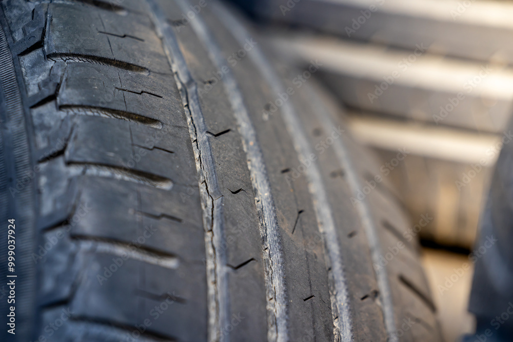 Worn and damaged tread of old tires lying in a landfill. Decreased road safety and environmental pollution from rubber waste