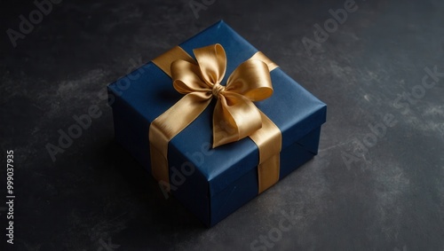 Square Gift Box with Metallic Blue Wrap and Gold Ribbon