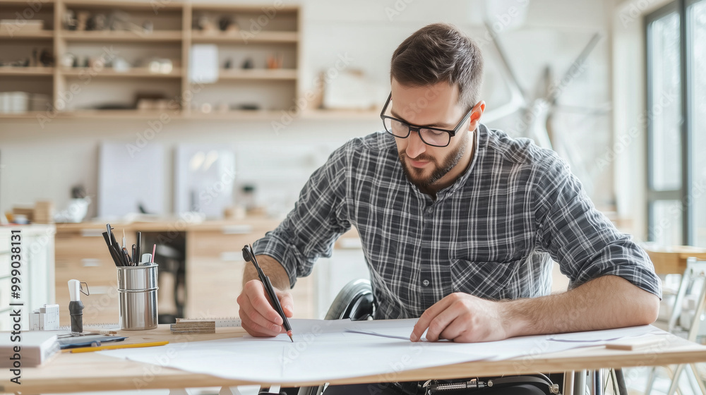 young entrepreneur in a wheelchair, intently measuring and planning a project at his workshop table, with a bright and organized workspace that reflects his creativity and professi young entrepreneur in a wheelchair, intently measuring and planning a project at his workshop table, with a bright and organized workspace that reflects his creativity and professi