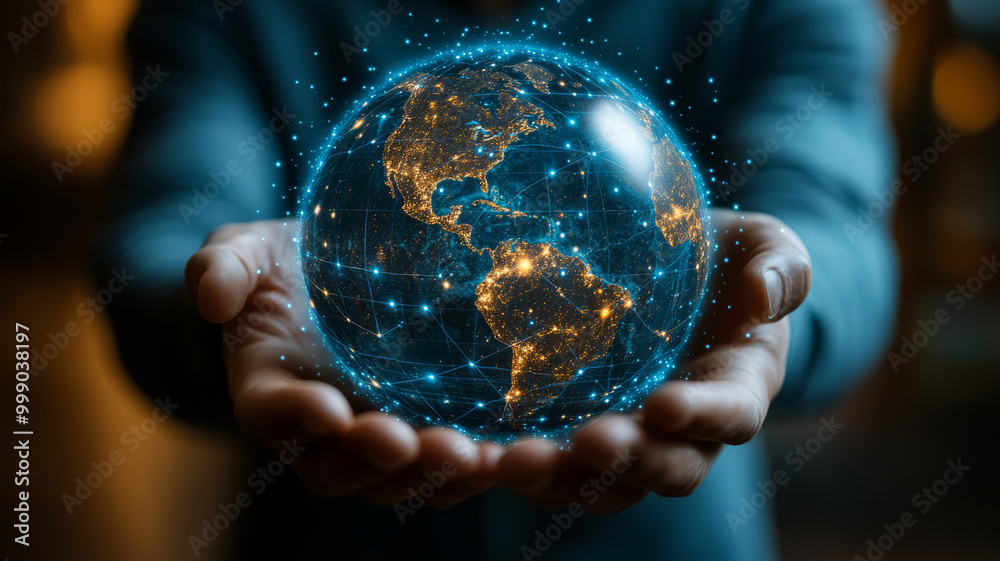Fototapeta premium A businessman holds a digital hologram of the Earth, representing the global network and connectivity concept.