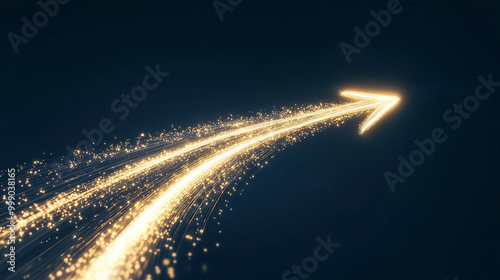 curved arrow graph made of animated light trails, illustrating significant business growth, pointing towards the top right on a dark background, with beams of light shining outward