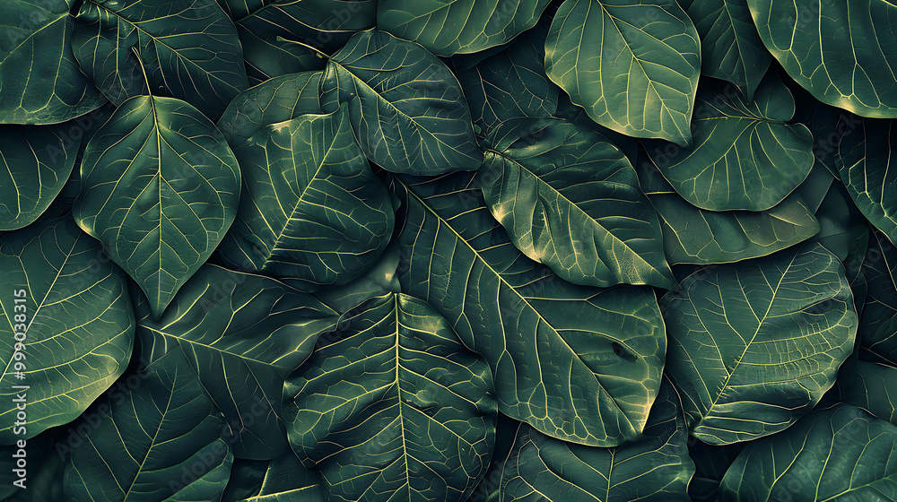 Obraz premium Close-up of lush, green leaves with intricate vein patterns.