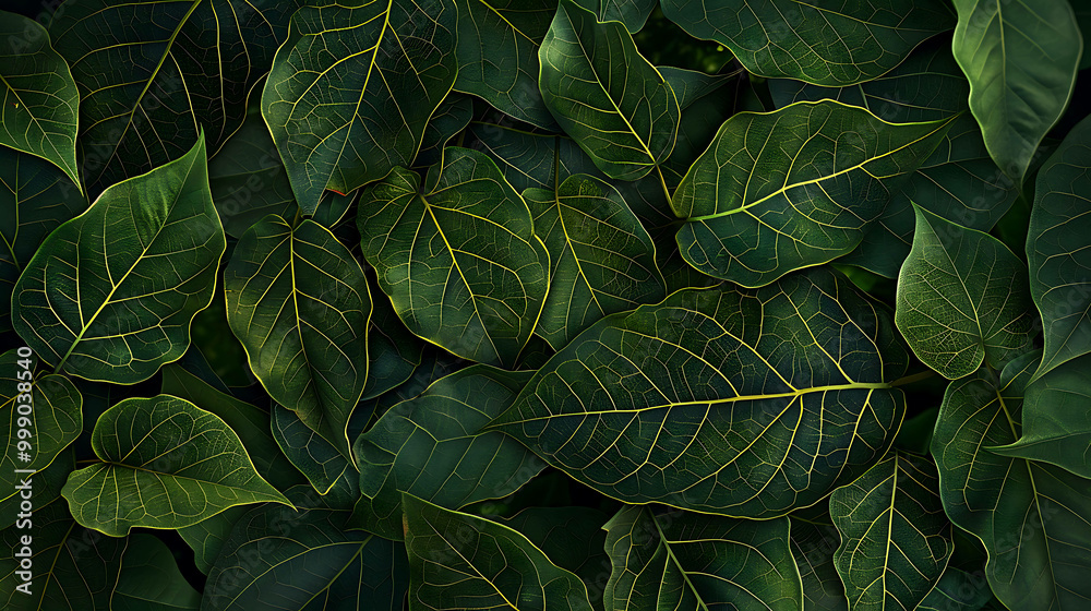 Closeup of vibrant green leaves with intricate veins.