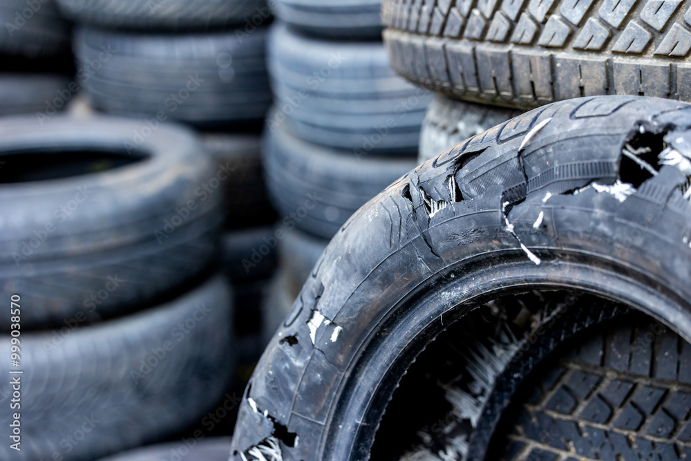 An old blown out car tire in a used tire landfill. Old tires polluting the environment