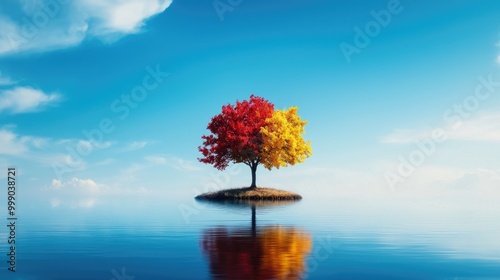 A vibrant tree with red and yellow leaves by a peaceful lake under a blue sky.