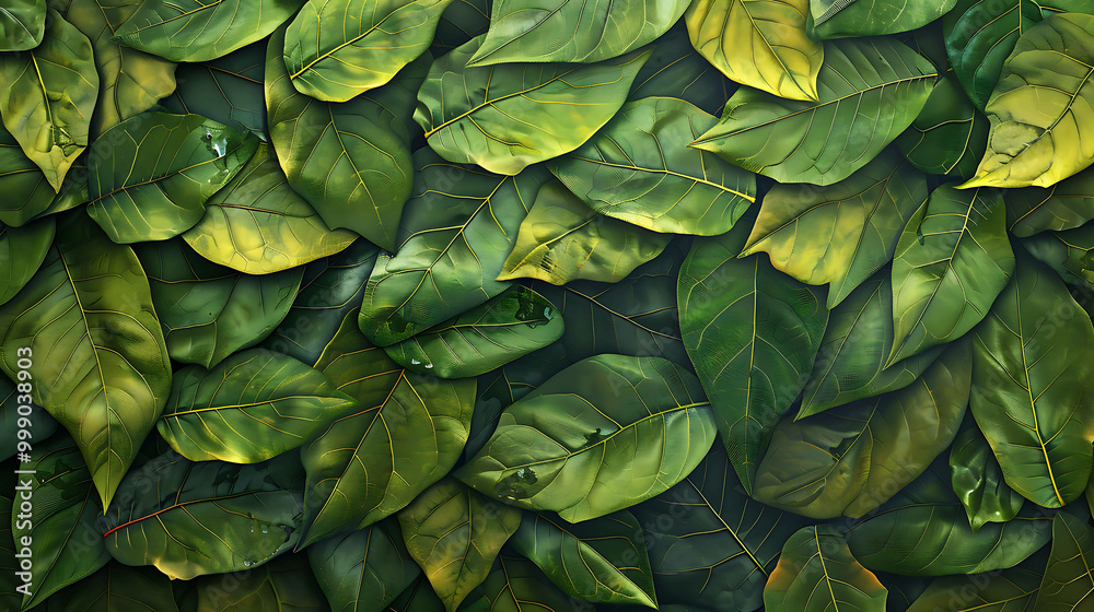 Fototapeta premium Lush green leaves with visible veins create a natural, organic texture.