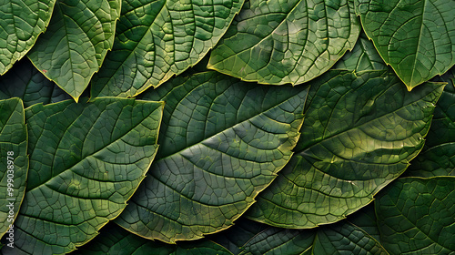 A close-up of lush green leaves with intricate vein patterns.