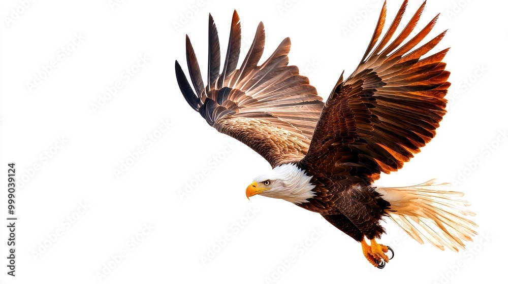 Eagle soaring in the sky, wings fully spread, white isolate background Eagle soaring in the sky, wings fully spread, white isolate background