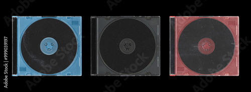 set of three isolated mockup of old music CD disc jewel case with black cover layout on CD for photo and artworks, in black background, y2k style	