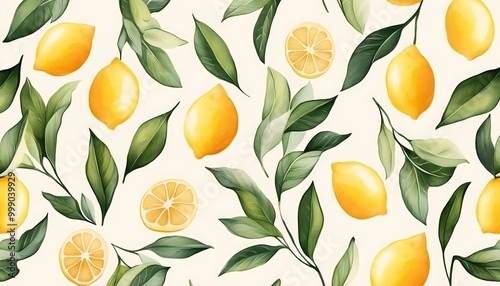 A wallpaper of lemons and green leaves on a white background