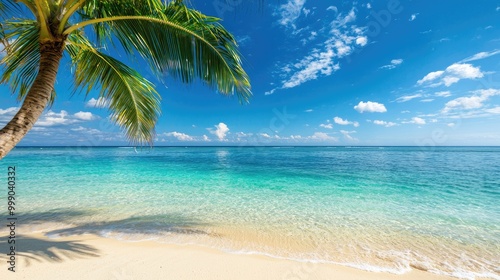 Tropical beach view with palm tree, crystal clear water, and blue sky.