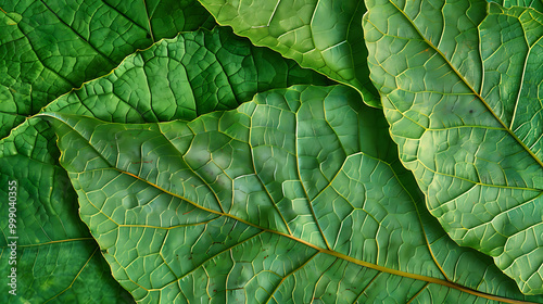 Close-up of large green leaves with intricate veins.