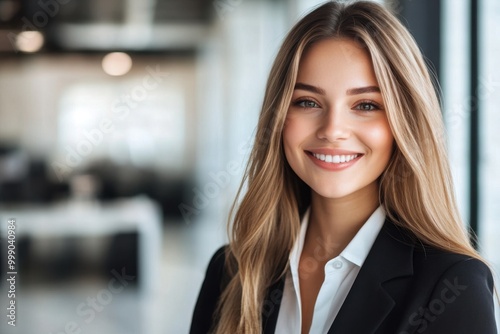 A young woman with long, wavy hair smiles confidently in a modern office setting. She wears a black blazer over a white shirt, with soft natural lighting highlighting her features