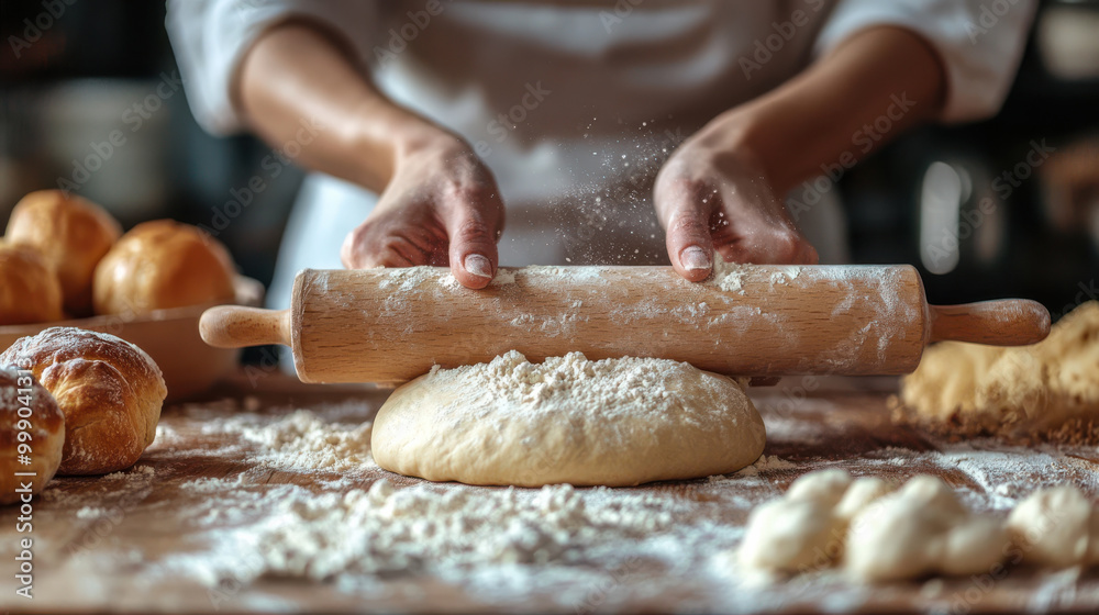 Baker using rolling pin to prepare dough in professional kitchen. Flour dust in air, homemade bread, bakery preparation, artisanal baking process, food ingredients