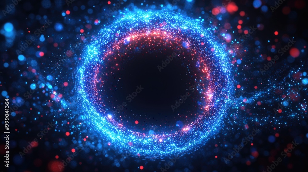Abstract glowing blue and red ring of particles with black center. Abstract glowing blue and red ring of particles with black center.