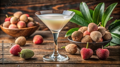 Lychee martini cocktail featuring fresh lychees served on a rustic wooden table backdrop