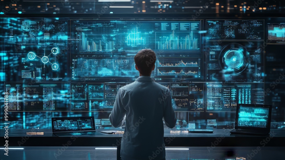 Big data analytics visualization technology: a scientist analyzes structured information on screen using machine learning to derive strategic predictions for business, finance, and IoT. Big data analytics visualization technology: a scientist analyzes structured information on screen using machine learning to derive strategic predictions for business, finance, and IoT.