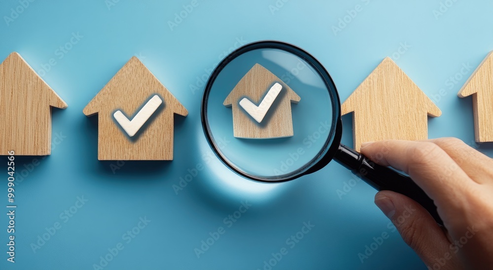 A magnifying glass focuses on a wooden house with a checkmark, symbolizing selection and approval. A magnifying glass focuses on a wooden house with a checkmark, symbolizing selection and approval.