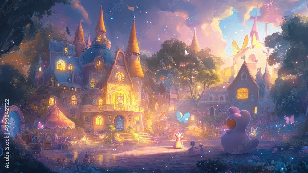 Fantasy Town Square at Dusk with Magical Lights and Characters Fantasy Town Square at Dusk with Magical Lights and Characters