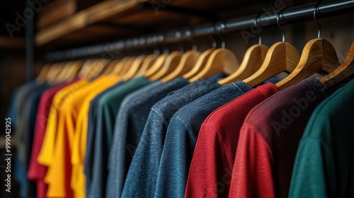 Wallpaper Mural Row of colorful t-shirts neatly hanging on wooden hangers in a retail store or closet. Fashionable wardrobe organization, casual clothing choices, and textile display Torontodigital.ca