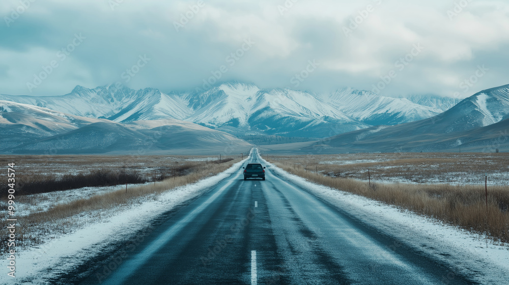 Car driving along winter road towards snow-capped mountains, surrounded by a barren landscape, travel concept Car driving along winter road towards snow-capped mountains, surrounded by a barren landscape, travel concept