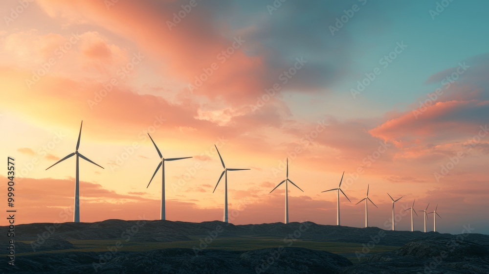 Obraz premium Coastal Wind Farm at Sunset in Renewable Energy Landscape