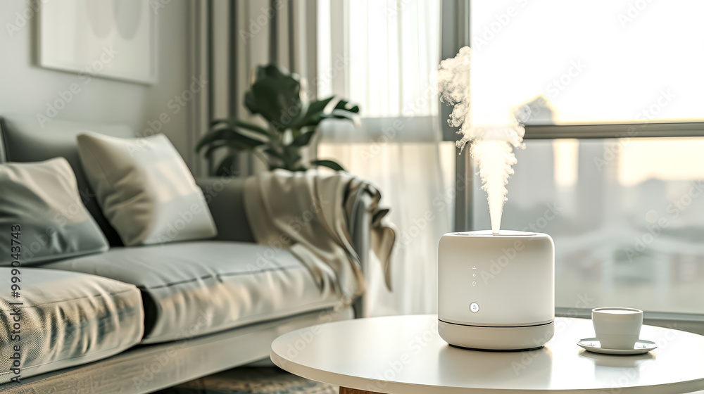 White diffuser sits on a table in a living room. The diffuser is emitting steam, creating a relaxing atmosphere. The room is furnished with a couch and a potted plant, adding to the cozy ambiance White diffuser sits on a table in a living room. The diffuser is emitting steam, creating a relaxing atmosphere. The room is furnished with a couch and a potted plant, adding to the cozy ambiance
