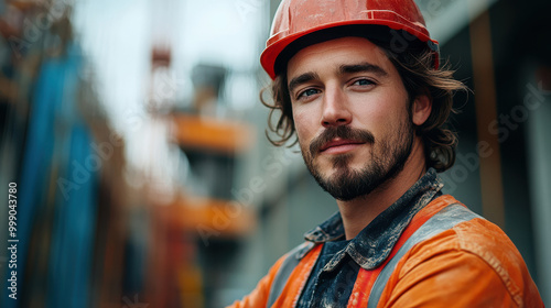 Portrait of construction worker wearing a red hard hat and orange safety jacket at a building site, representing construction, safety, engineering, industry, hard work, and teamwork  photo