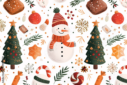A Christmas themed drawing of a snowman wearing a hat and scarf