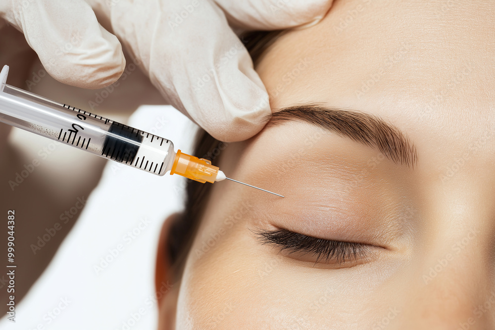 Botox or cosmetic injection on woman's forehead for wrinkle treatment, professional skincare procedure in clinic for anti-aging and facial rejuvenation purposes Botox or cosmetic injection on woman's forehead for wrinkle treatment, professional skincare procedure in clinic for anti-aging and facial rejuvenation purposes
