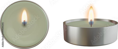 isolated candle with flame side and top view. round candle realistic illustration