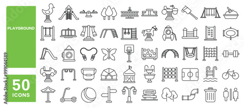 Set of 50 line icons related to playground, area, kid, children, playful, activity, bouncy, swing, sandbox, outdoor, horse, castle, kindergarten, Editable stroke. Vector illustration