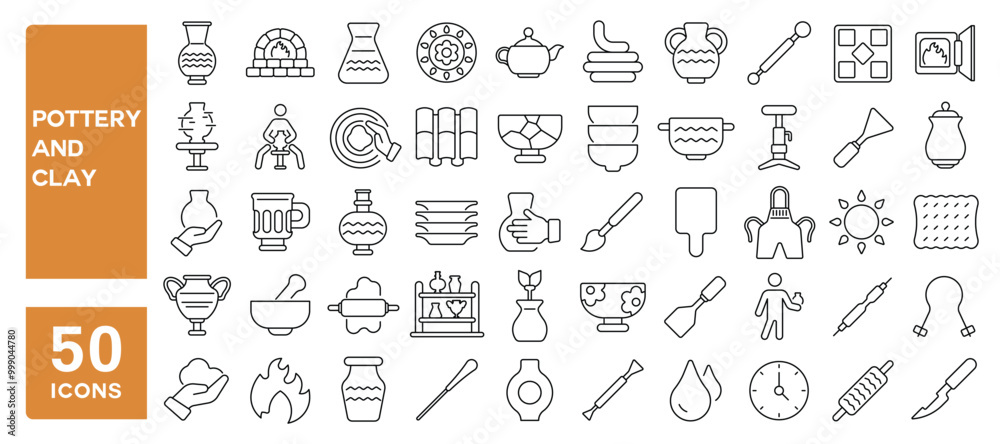 Set of 50 line icons related to pottery and clay, ceramic, porcelain, jar, jug, pot, vase, art, craft, tableware, pitcher, sculptor, shaping, Editable stroke. Vector illustration Set of 50 line icons related to pottery and clay, ceramic, porcelain, jar, jug, pot, vase, art, craft, tableware, pitcher, sculptor, shaping, Editable stroke. Vector illustration