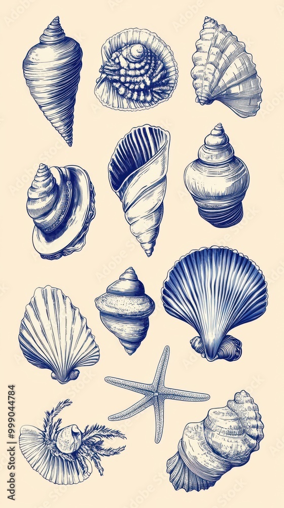 Detailed blue illustrations of shells and starfish on a light background, showcasing marine life Detailed blue illustrations of shells and starfish on a light background, showcasing marine life
