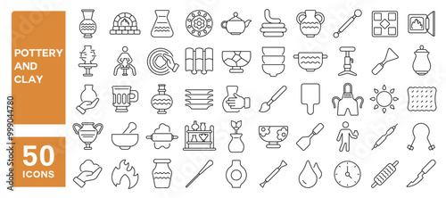 Set of 50 line icons related to pottery and clay, ceramic, porcelain, jar, jug, pot, vase, art, craft, tableware, pitcher, sculptor, shaping, Editable stroke. Vector illustration