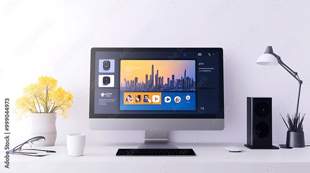 A modern office desk with a computer showing a video call with a cityscape in the background. A modern office desk with a computer showing a video call with a cityscape in the background.