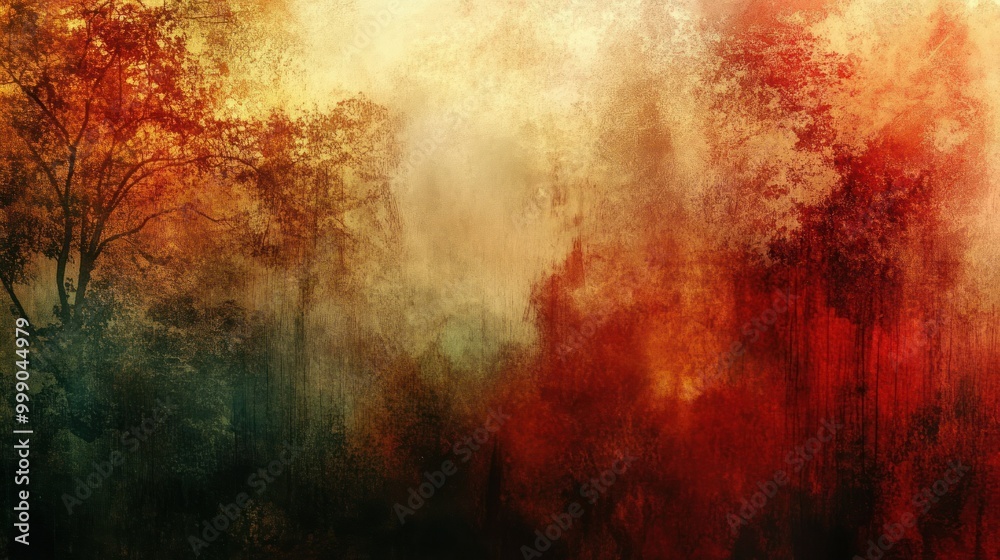 Obraz premium Abstract Watercolor Painting of Trees and Fog in Red, Orange, and Yellow Hues