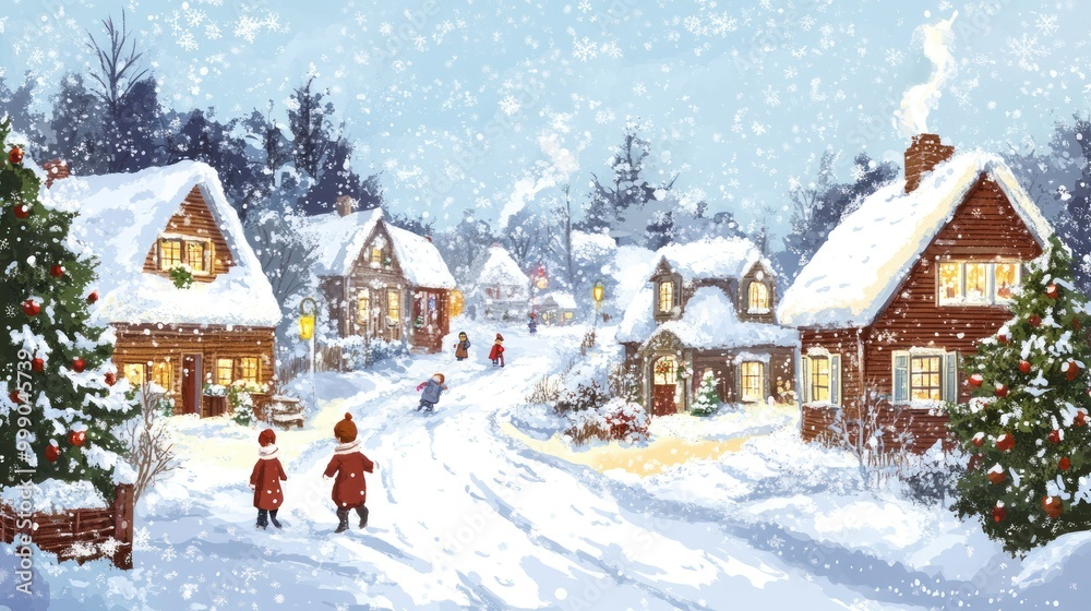 Two Children Walking in a Snowy Village with Christmas Trees and Lights Two Children Walking in a Snowy Village with Christmas Trees and Lights