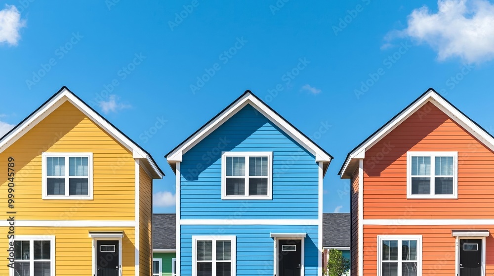 Vibrant model houses in a residential neighborhood, representing the real estate market, homeownership, and first-time buyer opportunities Vibrant model houses in a residential neighborhood, representing the real estate market, homeownership, and first-time buyer opportunities