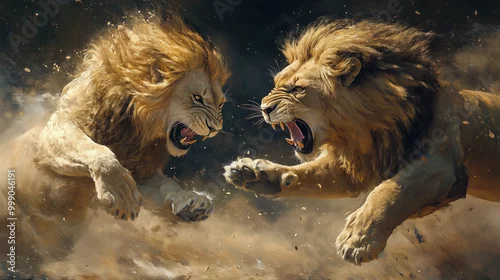 Fototapeta Dwa potężne lwy zarykują w walce o dominację, ich majestatyczne grzywy falują w rytm ich intensywnego starcia. 