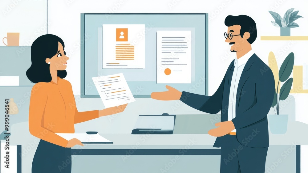 A woman in an orange shirt and black pants is presenting a document to a man in a blue suit. They are standing in an office with a whiteboard behind them. A woman in an orange shirt and black pants is presenting a document to a man in a blue suit. They are standing in an office with a whiteboard behind them.