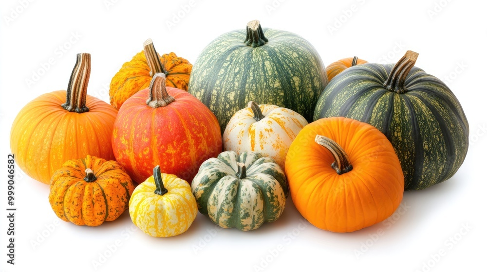 variety of fresh ripe pumpkins isolated on white background