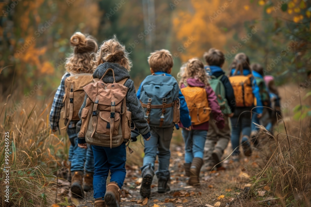 Group of children hiking with backpacks on a sunny day Group of children hiking with backpacks on a sunny day