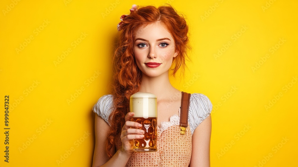gathering at the pub. On a yellow backdrop, a young redhead girl dressed in a vintage dress is serving beer from an Oktoberfest glass. notion of beverages, booze, tasting, celebration, getaway, and Ba gathering at the pub. On a yellow backdrop, a young redhead girl dressed in a vintage dress is serving beer from an Oktoberfest glass. notion of beverages, booze, tasting, celebration, getaway, and Ba