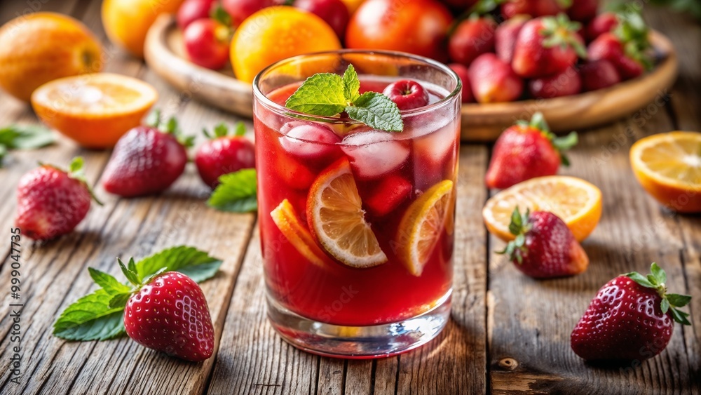 Fruit punch with juicy strawberries, fresh oranges, and mint leaves served in a glass on a rustic wooden table Fruit punch with juicy strawberries, fresh oranges, and mint leaves served in a glass on a rustic wooden table