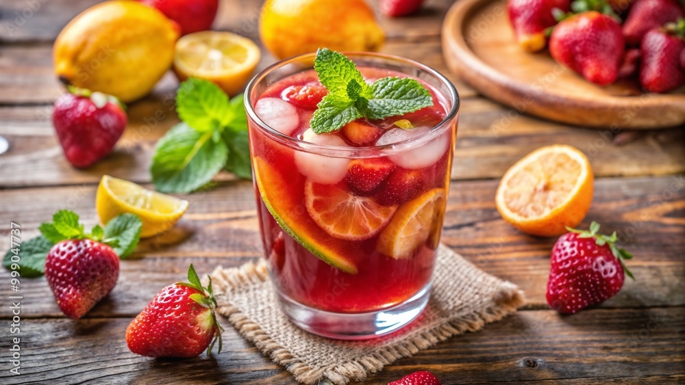 Fruit punch with strawberries, lemons, and mint in a glass on a wooden table Fruit punch with strawberries, lemons, and mint in a glass on a wooden table