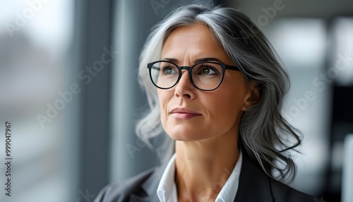 Confident middle-aged professional woman with glasses gazing thoughtfully in a modern office environment