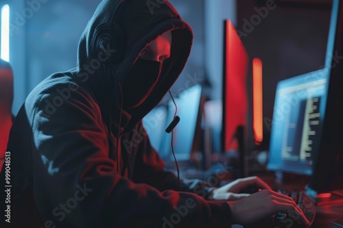 Call center scammer concept. Swindler criminals in black hood wearing mask and headsets and using computer in a call center office.